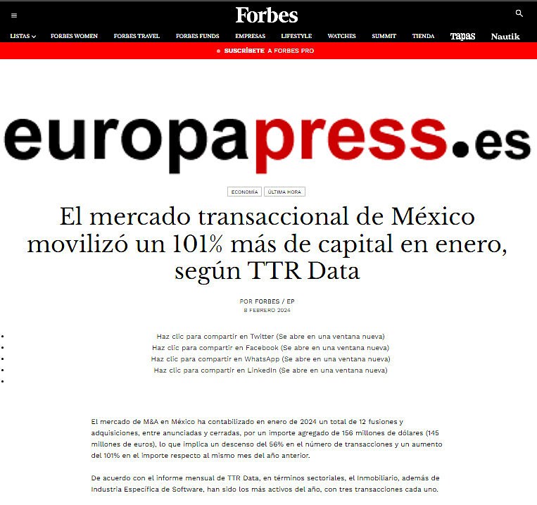 El mercado transaccional de Mxico moviliz un 101% ms de capital en enero, segn TTR Data